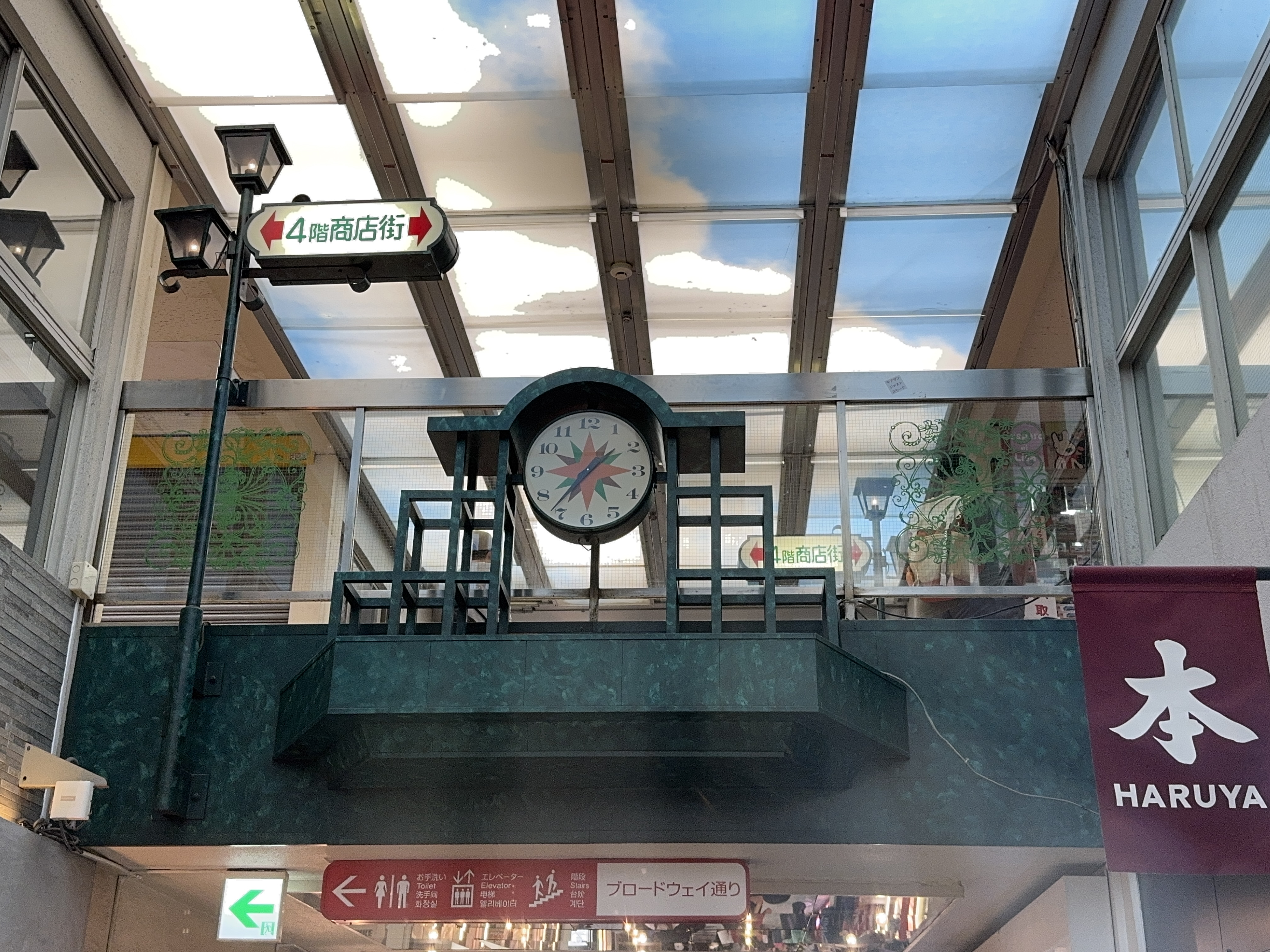 レトロな時計の向こうに見える上階の通路と広い天井
